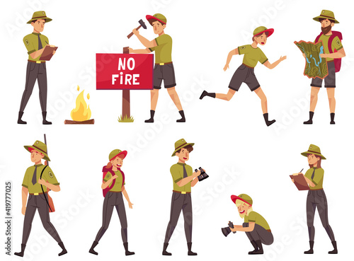 People Characters as Park Ranger or Forest Rangers Protecting and Preserving National Parklands Vector Set