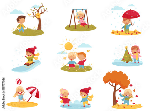 Kids Enjoying Four Seasons Playing Snowball Fight, Walking with Umbrella and Sledging Downhill Vector Set