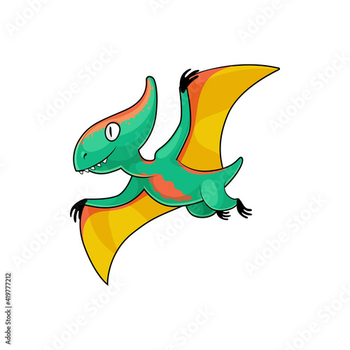 Pterodactyl isolated flying pteranodon dinosaur in cartoon style. Vector prehistoric pterosaur dino bird, flying reptile of prehistoric age. Pteranodon green pterodactyls, extinct genus of pterosaurs
