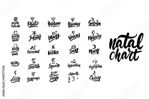  Astrology natal birth chart symbols set. Black ink handwriting. 