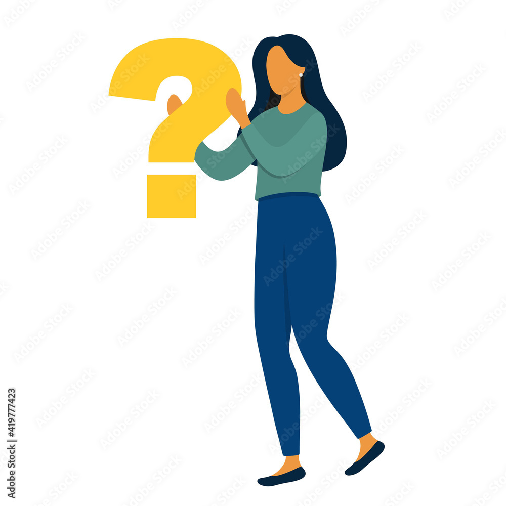 Woman with question mark in hands. Decision making, doubt or FAQ concept. Flat style vector illustration.