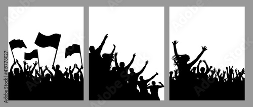 Vertical poster with silhouettes of crowd of people, set. Protest with flags, happy fan people, cheering crowd. Vector illustration