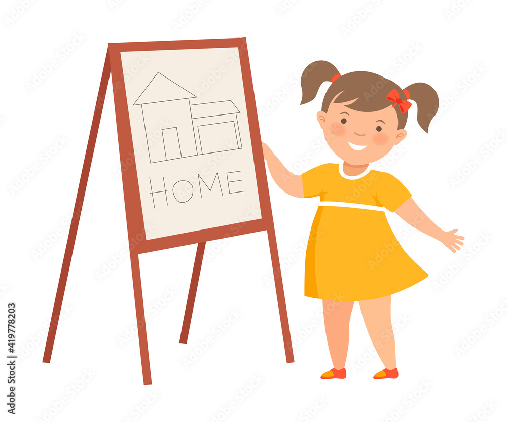Smiling Girl Showing Paper with Pictured Home Vector Illustration
