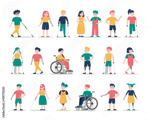 Disabled children set. Collection of kid characters with disability. Deaf, blind and handicapped boys and girls. Prosthetic arms and legs. Boy in a wheelchair, injured girl with crutches.