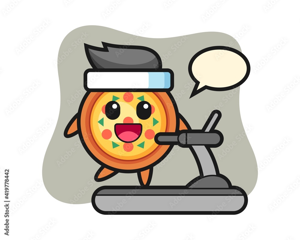 Pizza cartoon character walking on the treadmill Pizza cartoon character walking on the treadmill
