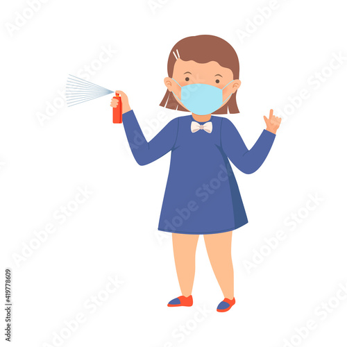 Cute Girl Wearing Face Protective Mask Holding Sanitizer Spraying Vector Illustration