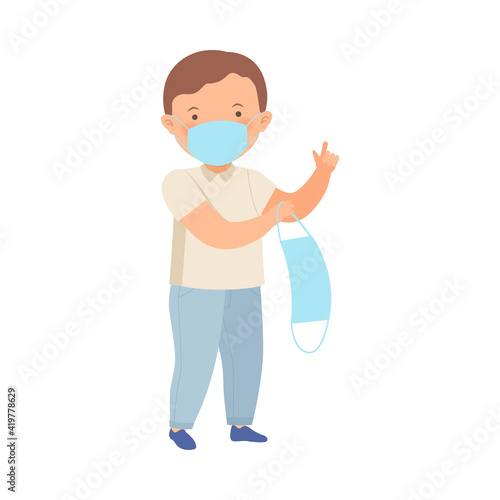 Cute Boy Wearing Face Protective Mask Holding Another One with His Hand Vector Illustration