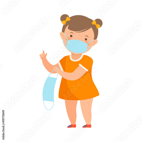 Cute Girl Wearing Face Protective Mask Holding Another One with His Hand Vector Illustration
