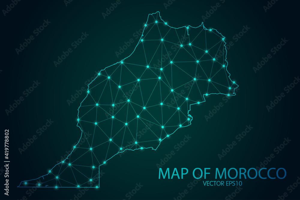 Obraz premium Map of Morocco - With glowing point and lines scales on The Dark Gradient Background, 3D mesh polygonal network connections. Vector illustration eps10.