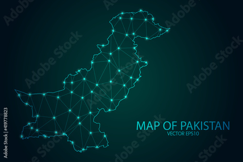 Map of Pakistan - With glowing point and lines scales on The Dark Gradient Background, 3D mesh polygonal network connections. Vector illustration eps10.