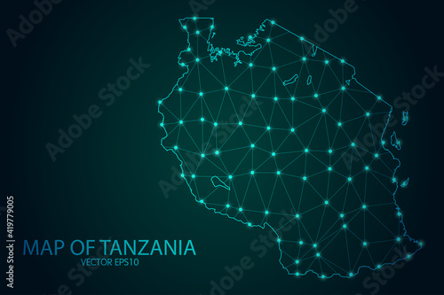 Map of Tanzania - With glowing point and lines scales on The Dark Gradient Background, 3D mesh polygonal network connections. Vector illustration eps10.