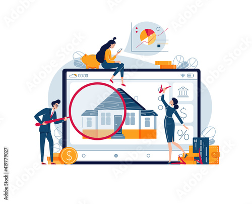 Real estate valuation. Appraisers estimate how much is the property worth. Home appraisal, property assessment, inspection of the house concept for banner. Flat cartoon design, vector illustration