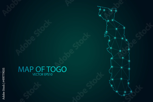 Map of Togo - With glowing point and lines scales on The Dark Gradient Background, 3D mesh polygonal network connections. Vector illustration eps10.