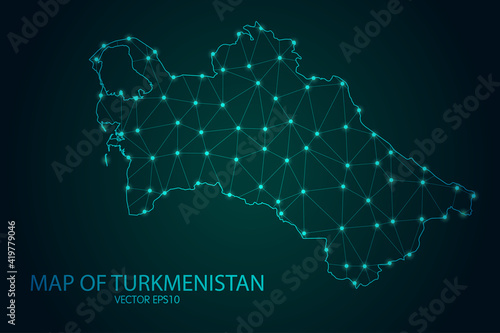 Map of Turkmenistan - With glowing point and lines scales on The Dark Gradient Background, 3D mesh polygonal network connections. Vector illustration eps10.