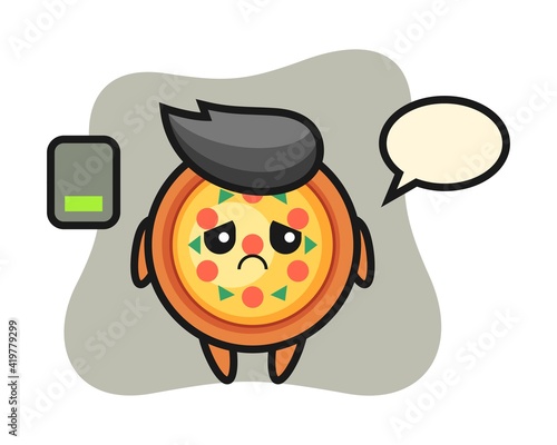 Pizza mascot character doing a tired gesture