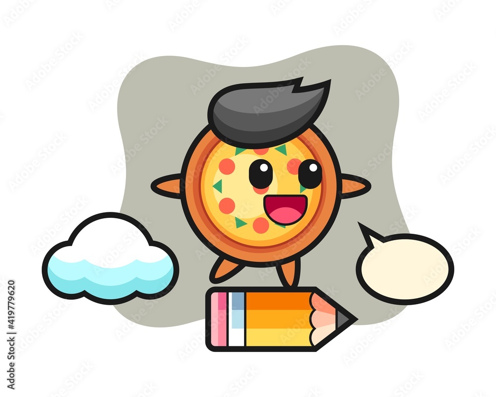Pizza mascot illustration riding on a giant pencil Pizza mascot illustration riding on a giant pencil
