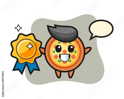 Pizza mascot illustration holding a golden badge