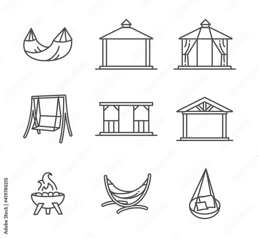 Garden structures, buildings and furniture thin line style icon set vector Garden structures, buildings and furniture thin line style icon set vector