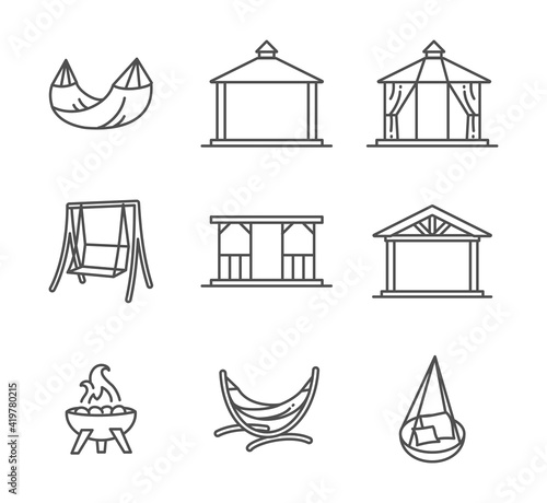 Foto Garden structures, buildings and furniture thin line style icon set vector