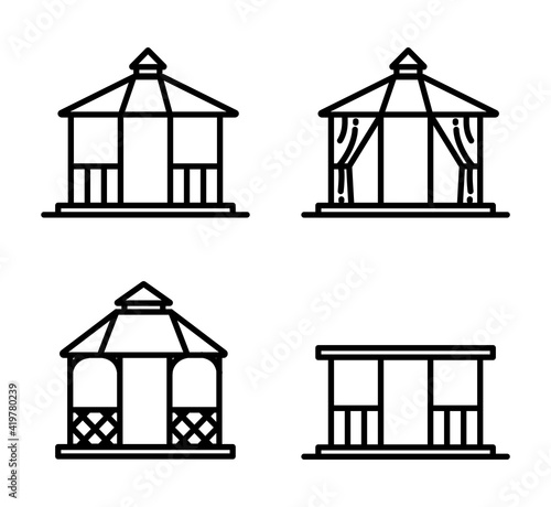 Thin line style gazebos and garden constructions vector set