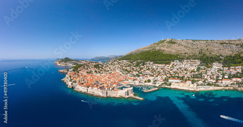 Aerial drone shot of Old Port in Dubrovnik old town in Croatia summer midday noon © Davidzfr