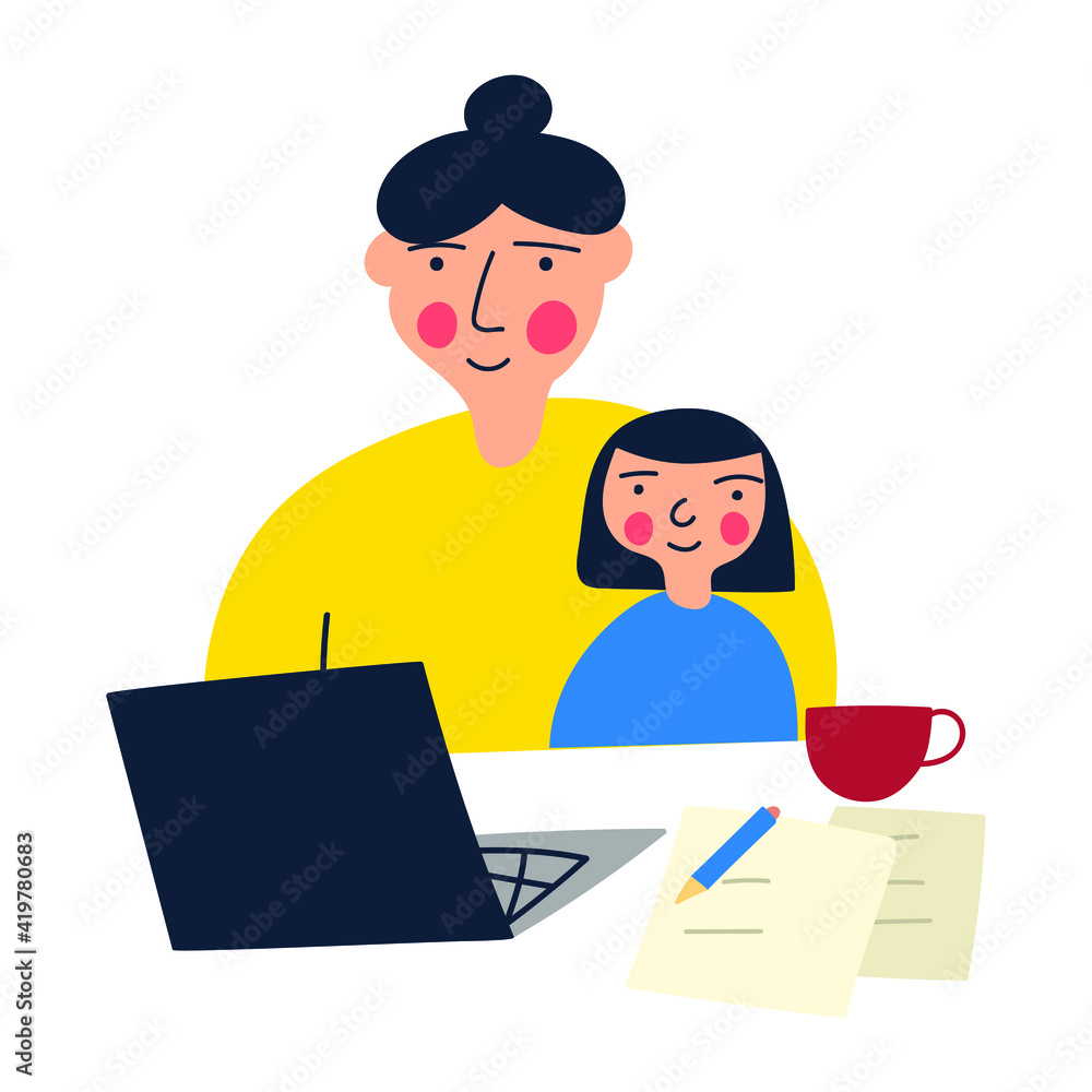 Mother work from home with little daughter. Illustration on white background. Mother work from home with little daughter. Illustration on white background.