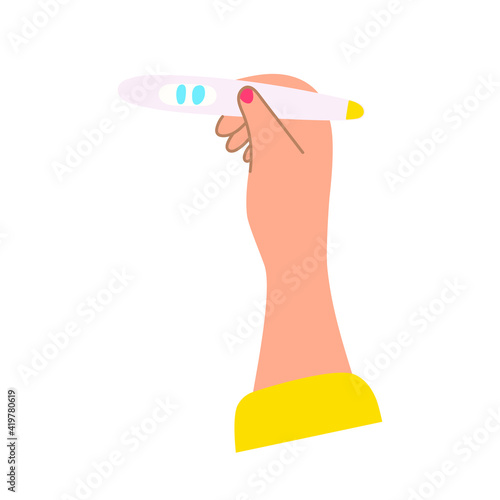 Woman's hand holding pregnancy test. Hand drawn illustration on white background.