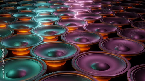 Loop of Holographic loud speaker in row. 3D rendering animation of speakers in row with cool holographic color.