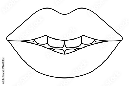 Plump lips. Sketch. The seductive mouth is slightly open. Vector illustration. Coloring book for children. Valentines Day. Doodle style. An even row of teeth. Outline on an isolated white background. 