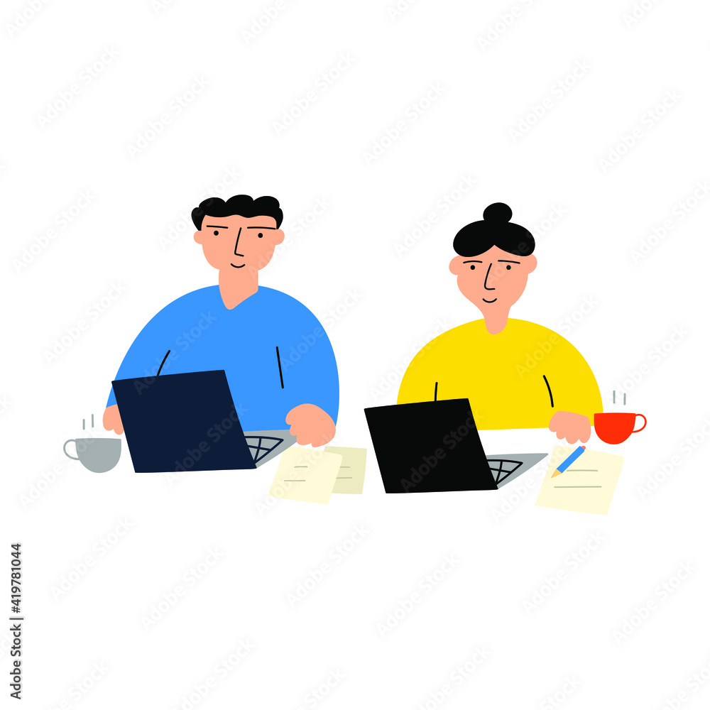 Man and woman work together from home. Illustration on white background. Man and woman work together from home. Illustration on white background.
