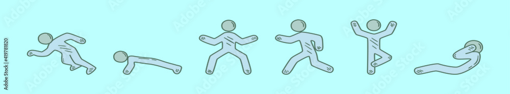 set of exercise training cartoon icon design template with various models. vector illustration isolated on blue background set of exercise training cartoon icon design template with various models. vector illustration isolated on blue background