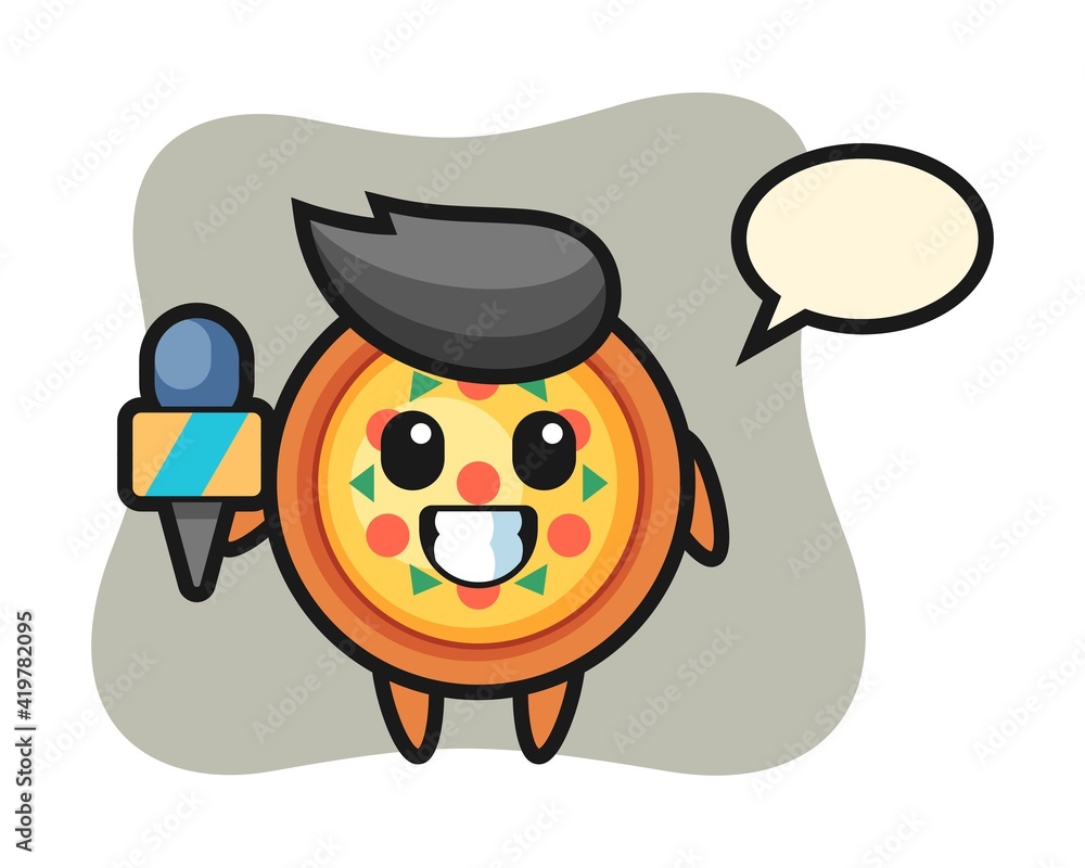 Character mascot of pizza as a news reporter