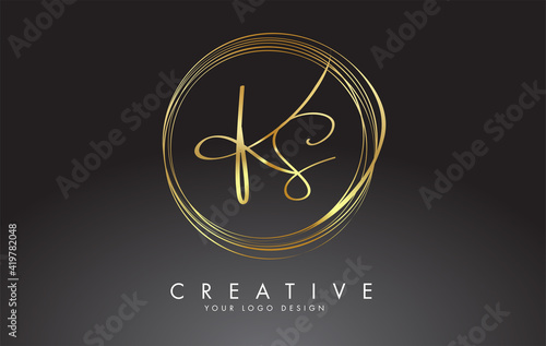 Handwritten KS K S Golden Letters Logo with a minimalist design. KS Icon with Circular Golden Circles.