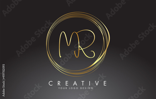 Handwritten MR M R Golden Letters Logo with a minimalist design. MR Icon with Circular Golden Circles.