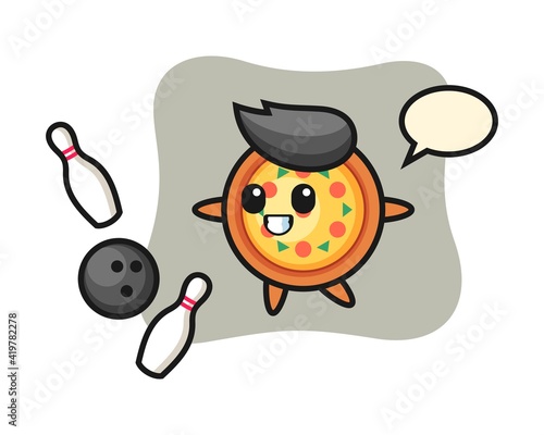 Character cartoon of pizza is playing bowling