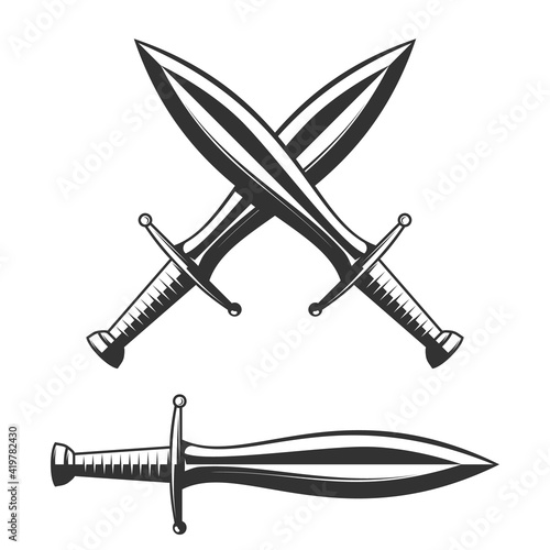 Illustration of knight swords in monochrome style. Design element for logo, label, sign, poster. Vector illustration