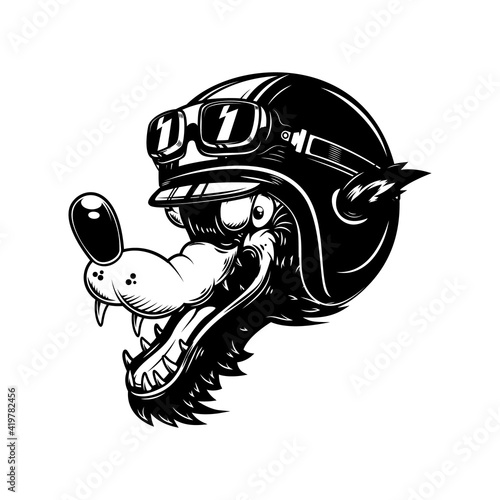 Illustration of cartoon wolf in racer helmet. Design element for poster, card, banner, sign, logo. Vector illustration