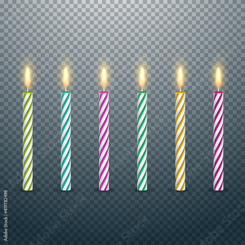 Birthday cake candles with burning flames isolated