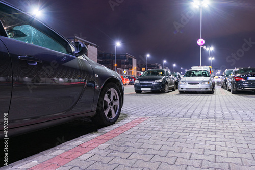 Parking car. Empty road asphalt background. Car lot parking space in underground city garage. Interior underground carpark.