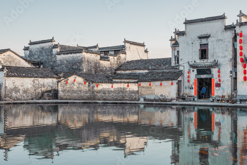 Sunset view of the ancient Chinese architecture in Hongcun village, Anhui province.