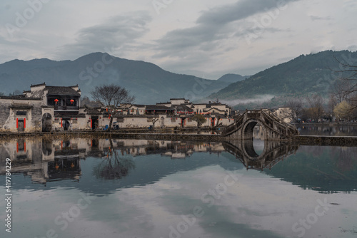 Photography Hongcun village, a traditonal Chinese village in Anhui province, on a rainy day