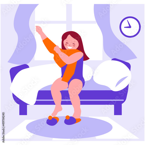The little girl woke up and gets dressed while sitting on the bed. Morning routines. Vector illustration in flat cartoon style. Isolated on a white background.