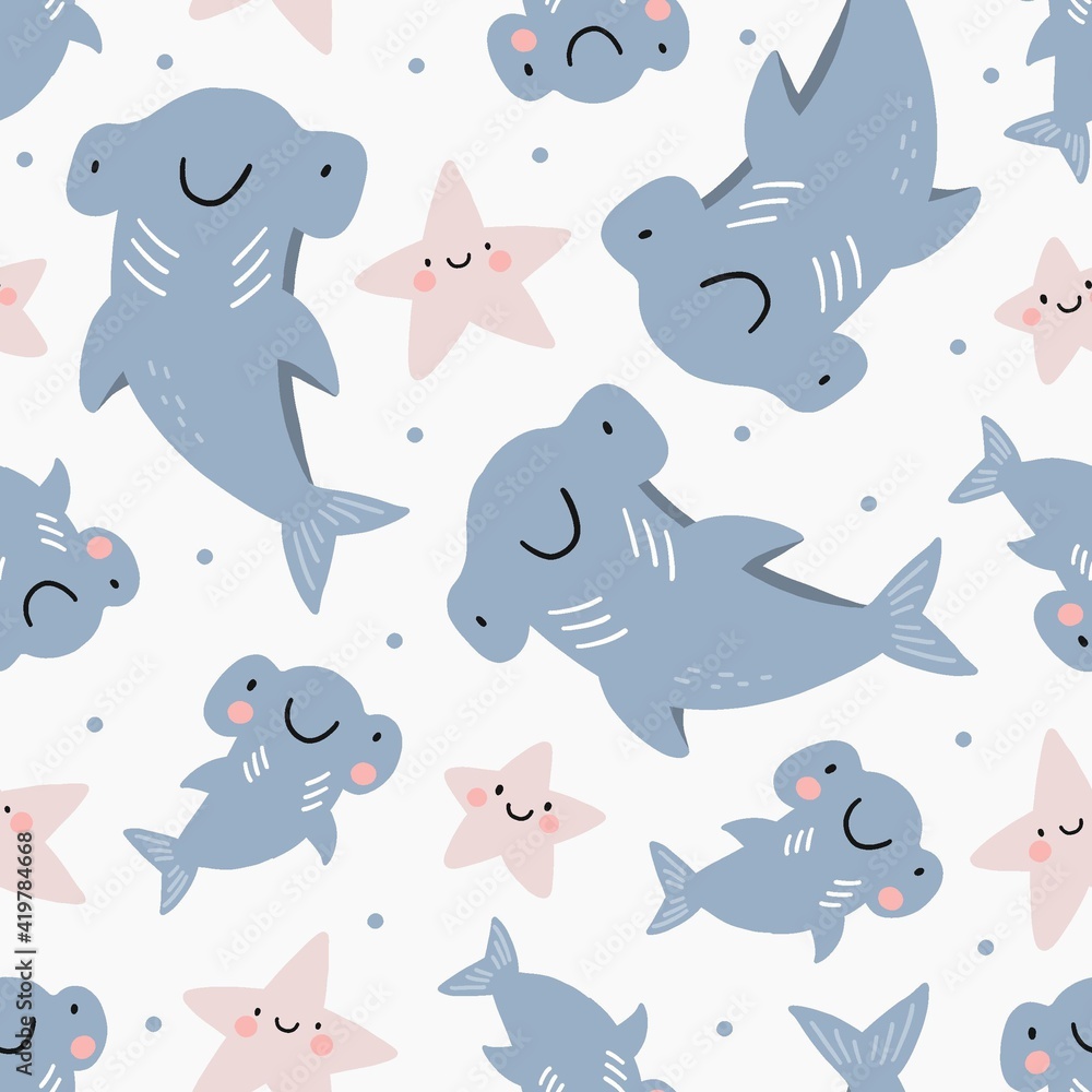 Fototapeta premium Cute cartoon Hammerhead shark - vector illustration. Seamless pattern - Shark mom and baby