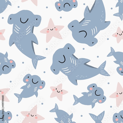 Cute cartoon Hammerhead shark - vector illustration. Seamless pattern - Shark mom and baby