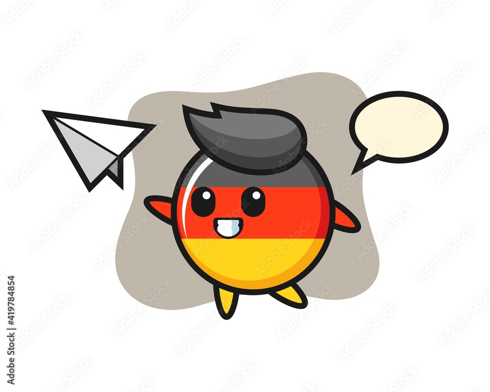 Germany flag badge cartoon character throwing paper airplane