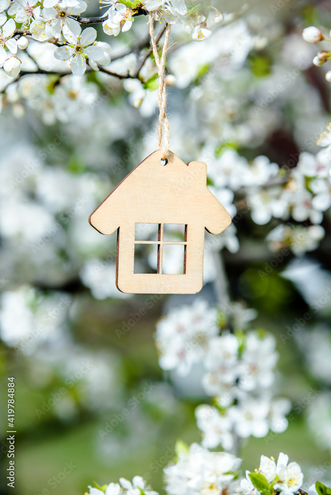 Symbol of the house on the branches of a flowering cherry
