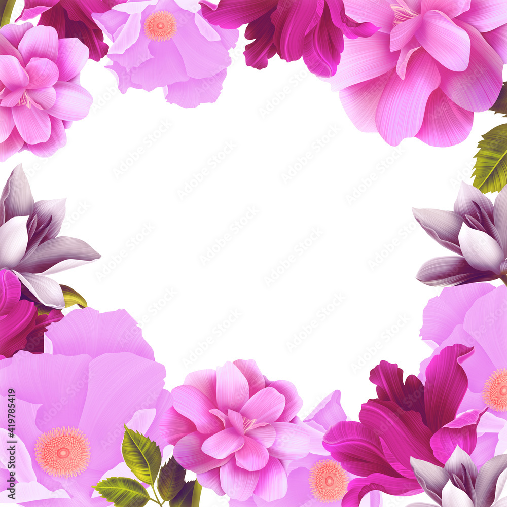 Tropical background with side borders of exotic flowers and leaves . Square frame with place for text.