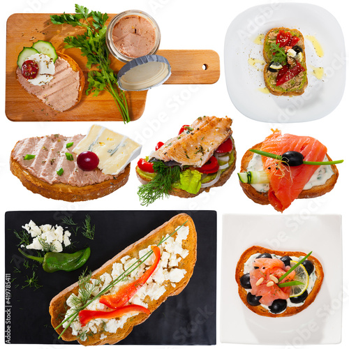 Collage of various sandwiches with meat, vegetables and fish. High quality photo