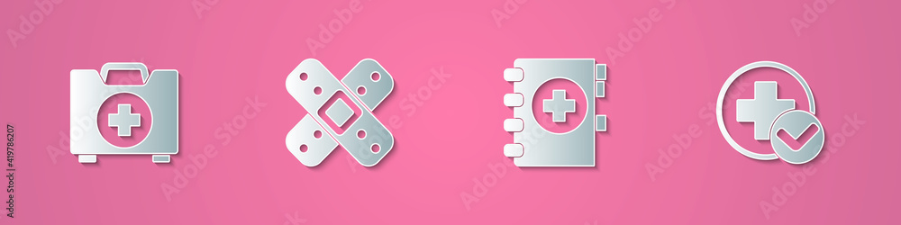 Obraz premium Set paper cut First aid kit, Crossed bandage plaster, Medical clipboard and hospital medical icon. Paper art style. Vector.