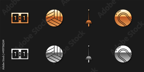 Set Sport mechanical scoreboard, Volleyball ball, Fencing and Baseball icon. Vector.